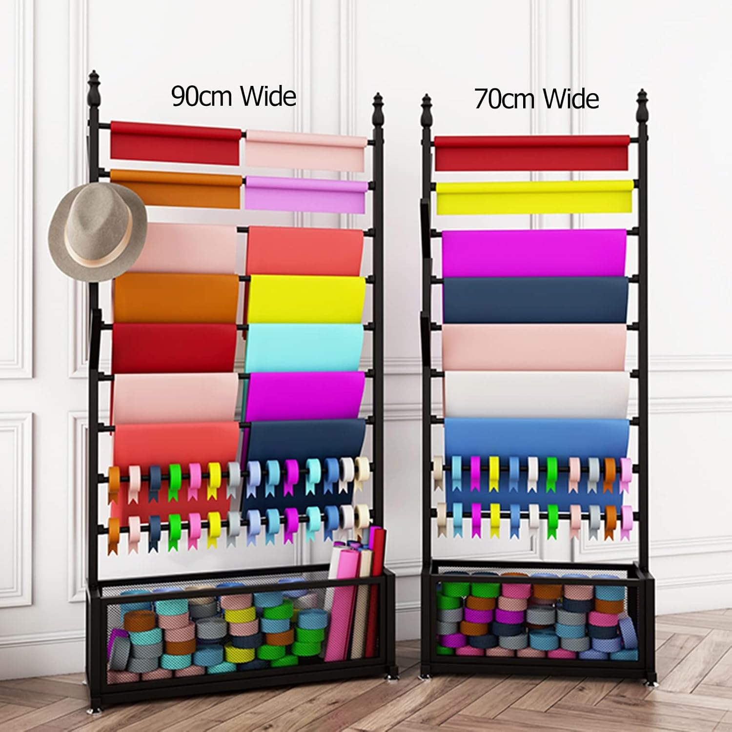 Floor Standing Wrapping Paper Holder Black Gold White, Removable 9-Shelf Gift Paper with Ribbons Basket for Retail Store/ Craft Room/ Floral Shop, Wrought Iron ( Color : Style-1 , Size : 70x35x180cm )
