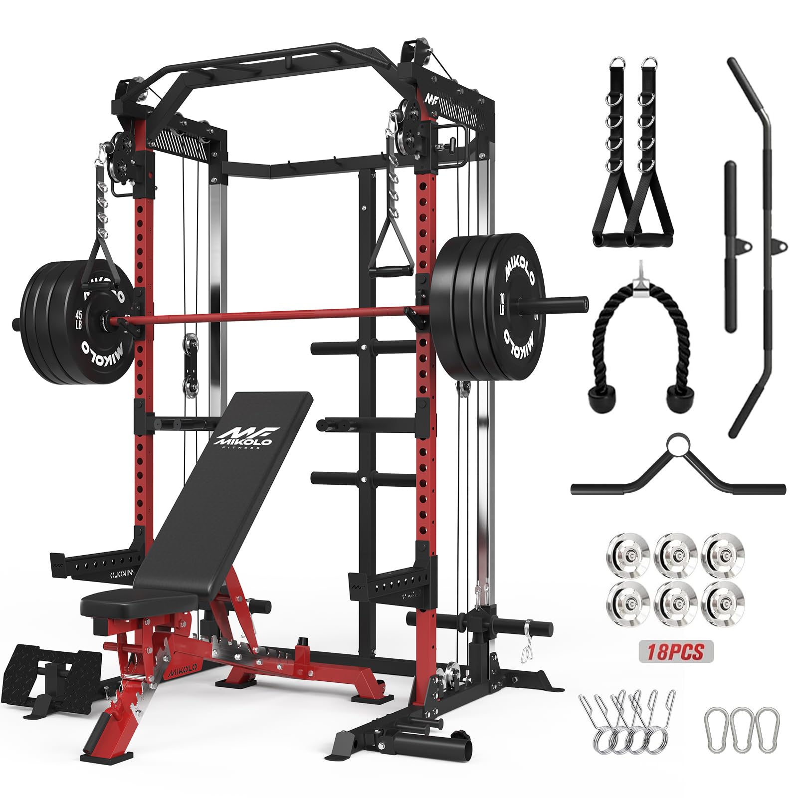 Mikolo HR06 Power Cage with Aluminum Pulleys, 2000LB Power Rack with Independent Dual Pulley System, Multi-Function Home Gym Workout Machine for Cable Crossover