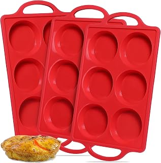 CAKETIME Muffin Top Pan Non Stick, 3 Inch Metal Frame Round Egg Baking Pan for Oven English Muffins, Whoopie Pies, Corn Bread, Egg Bites, Breakfast Sandwiches Tarts 3 Pack Red