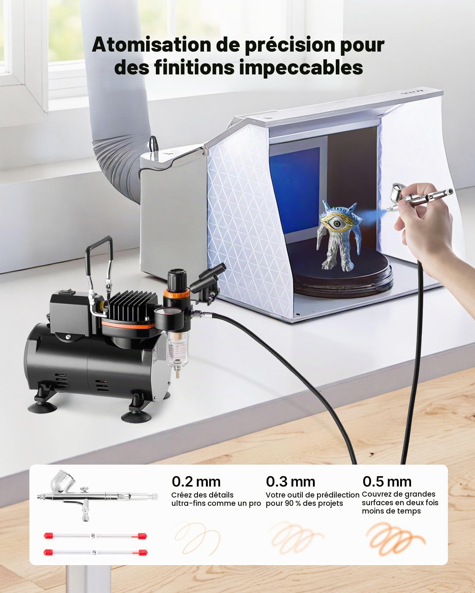VEVOR Kit Aérographe avec Compresseur d’Air 1/6 HP, Compresseur Aérographe Professionnel à Double Action, avec 1 Pistolet, 3 Buses, Tuyau,1 Kit de Nettoyage, Décoration Pâtisserie Onglerie Modélisme