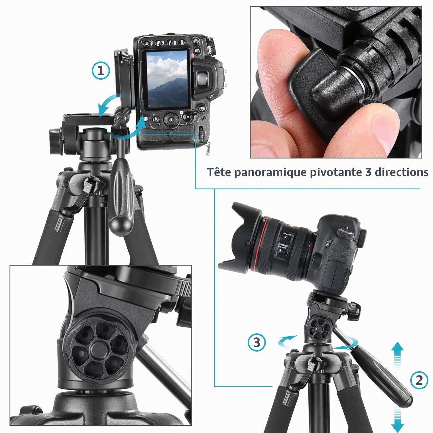 Neewer 142 centimètres Trépied Aluminium Portable Noir avec Tête Pivotante 3 Directions et Sac pour DSLR, DV Vidéo Caméscope, Charge Admissible de 4 kilogrammes (SAB234)