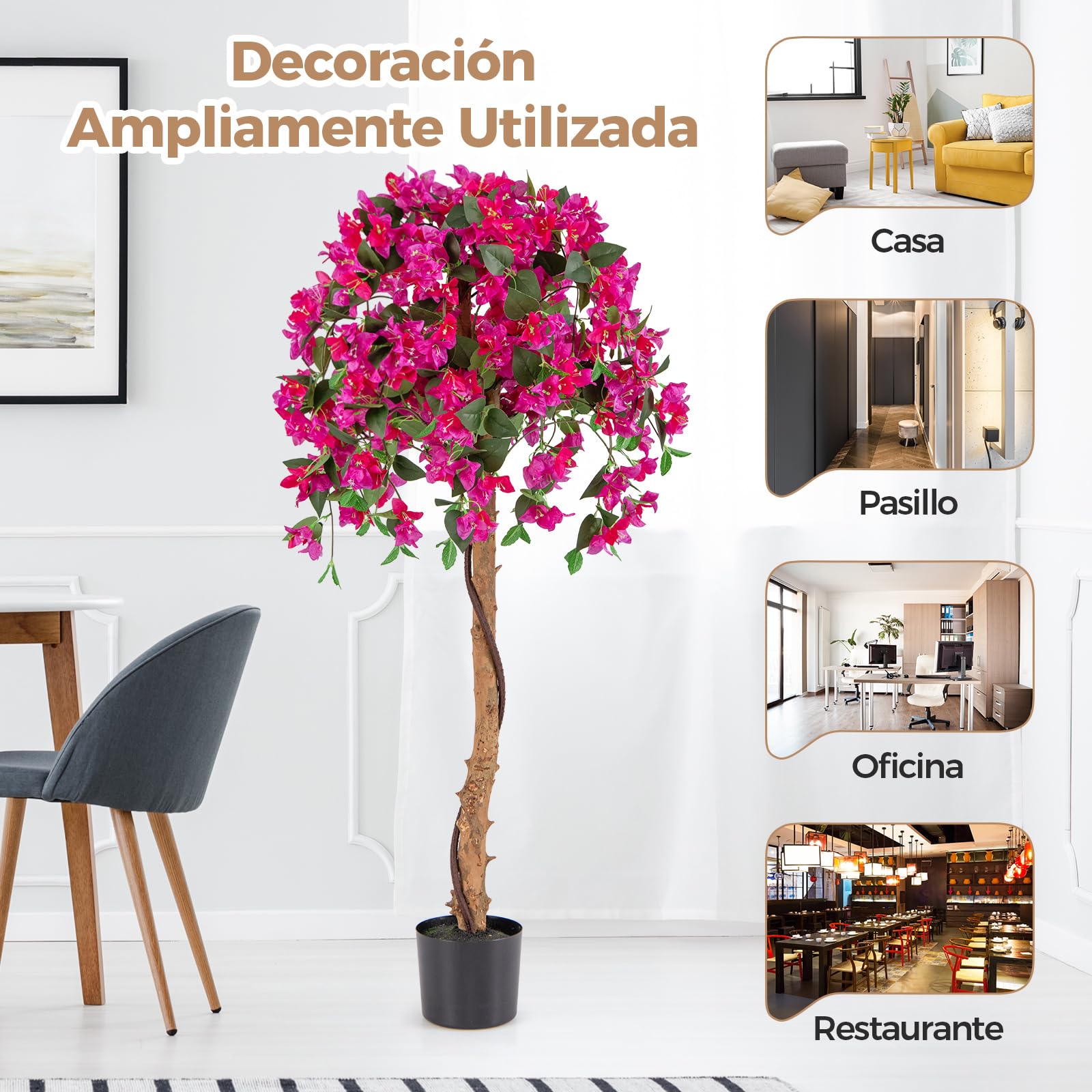 COSTWAY Árbol de Azalea Artificial de 135 cm, Planta Floral de Seda Falsa en Maceta con 576 Flores, 288 Hojas, Tronco de Madera, Césped Falso, Planta Decorativa Alta para Hogar, Oficina (2)
