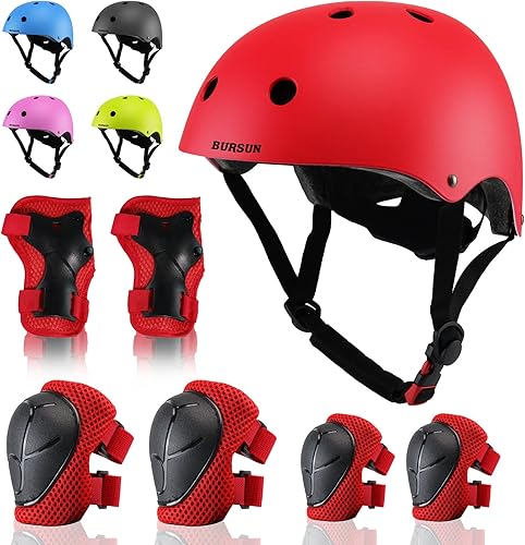 Conjunto de casco de bicicleta para niños, casco ajustable para niños pequeños de 2 a 8 años con rodilleras, coderas y muñequeras  Casco