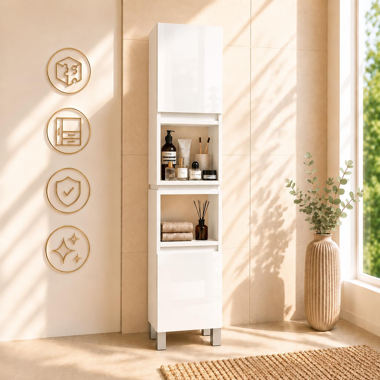 Badezimmerschrank Stehend Ariza, Hochglanz Weiß, MDF 18 mm, Soft-Close Türen, 6 Regale, 161 x 28 x 25 cm, Midischrank, Gäste WC & Bad für Kosmetik, Hängend, Links rechts