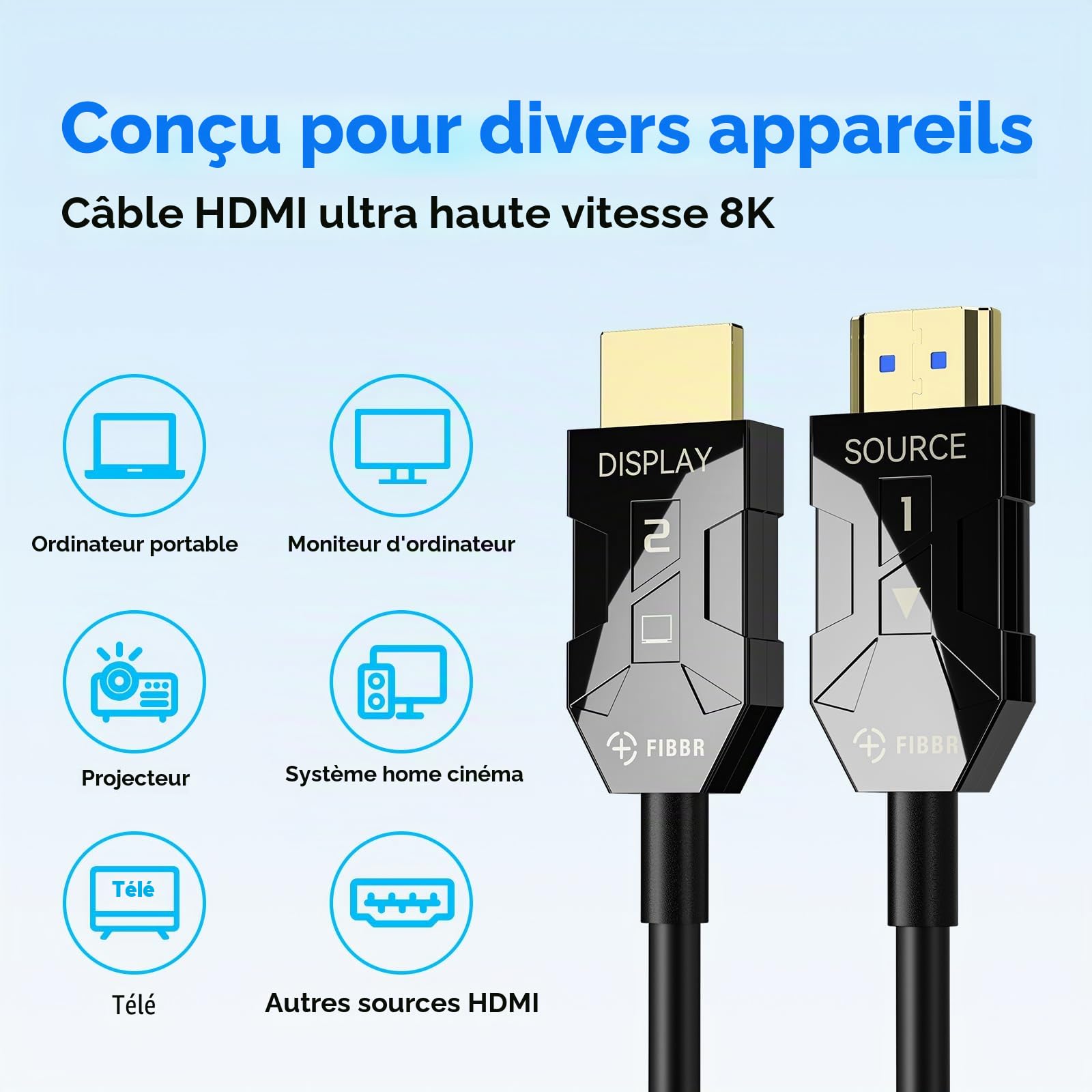 FIBBR 8K HDMI 2.1 Câble Optique 10M, 48Gbps Ultra Rapide HDMI Câble Actif AOC, 8K@60Hz 4K@120Hz/144hz eARC HDCP 2.2 et 2.3 Dynamic HDR Dolby Sound pour Home Cinéma, Amateurs de Jeux, Vidéo HD