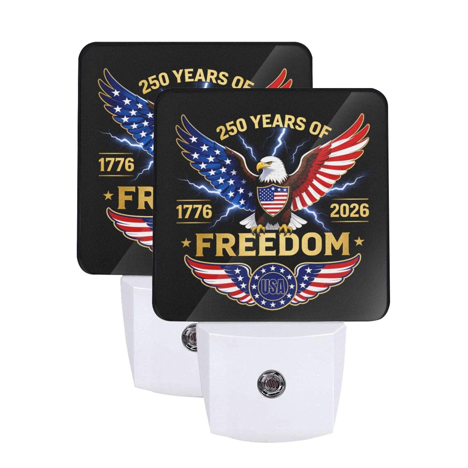 250 Years of USA Night Light Set of 2, Patriotic Eagle Auto Sensor LED Dusk-to-Dawn Nightlights, Plug-in Sensor Lamp for Bedroom Bathroom Kitchen Hallway Stairs Decorative