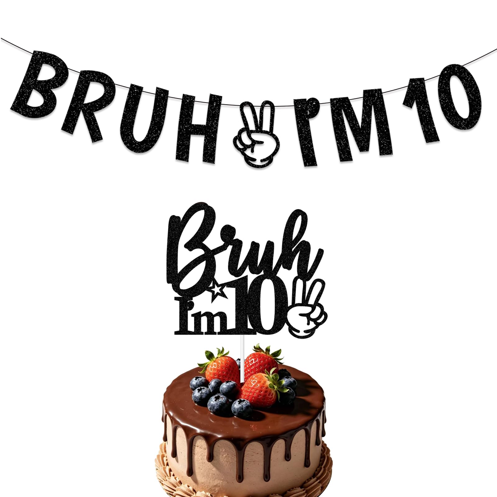 10th Birthday Banner Bruh I'M 10 Banner Decoration Glitter Black Bunting and Cake Topper for Boys and Girls Age 10 Double Digits Birthday Decorations Black