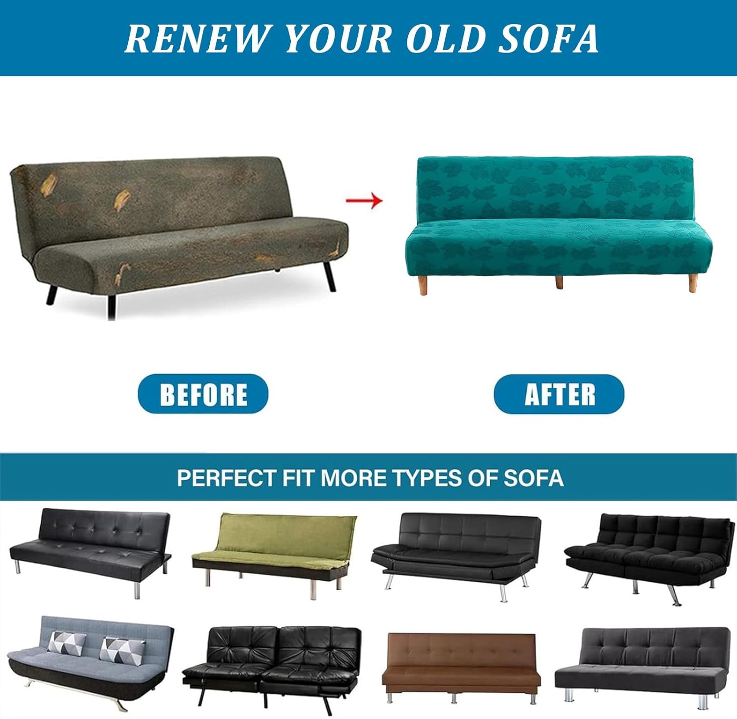 Armless Sofa Cover Stretch Folding Pet-Friendly Futon Covers Full Size Soft Sofa Bed Slipcover Furniture Protector Green