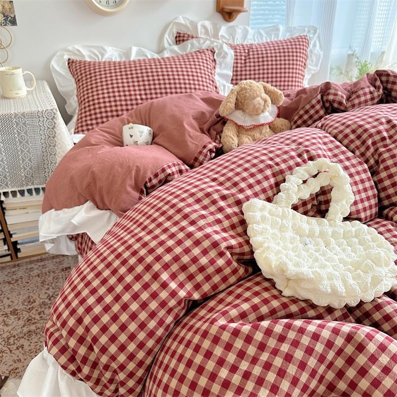 QSYEDR Red Checked Ruffle Duvet Cover Single,Vintage French Farmhouse Plaid Frilly Edge Bedding Set with Zipper,Soft Microfiber Gingham Quilt Cover with Pillowcase Single