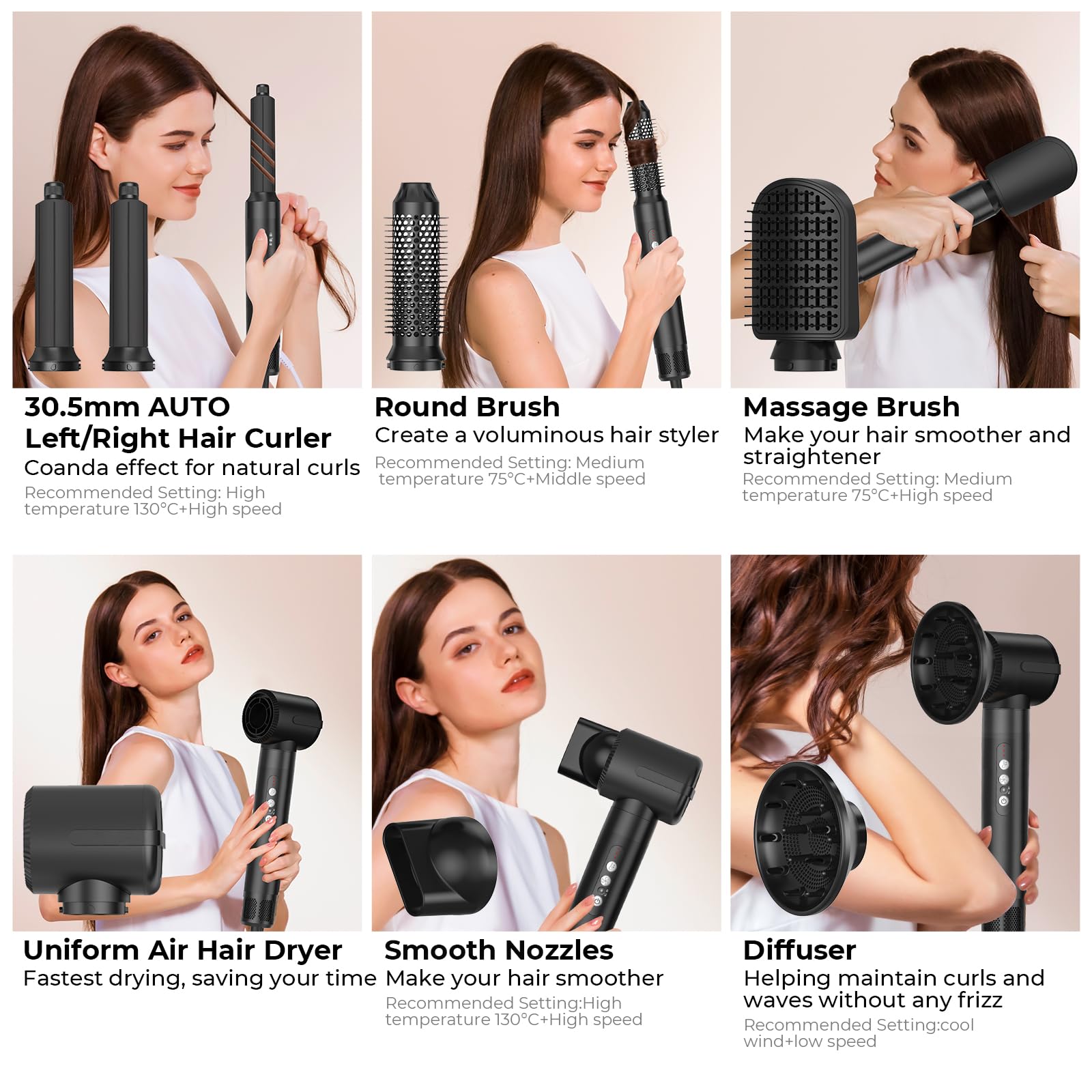 Asciugacapelli Hair Styler 6 in 1, 1400w Spazzola Asciugacapelli Ionico, 30mm Ferro Arricciacapelli ad Aria Calda, 3 Regolazioni di Temperature, Styler per Asciugacapelli, per Asciugare, Arricciare