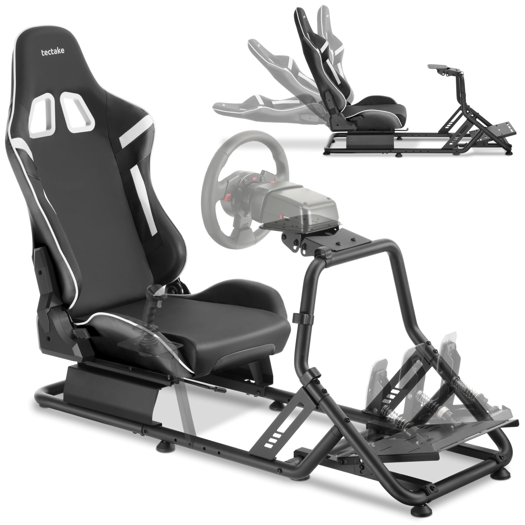 tectake® Fauteuil gaming Simulateur de conduite, 57x144x108,5 cm, Chaise Gaming baquet GT, Nombreux Réglages, Support Volant et Pédalier, Cockpit Simracing pour Volant Logitech, Thrustmaster, Fanatec