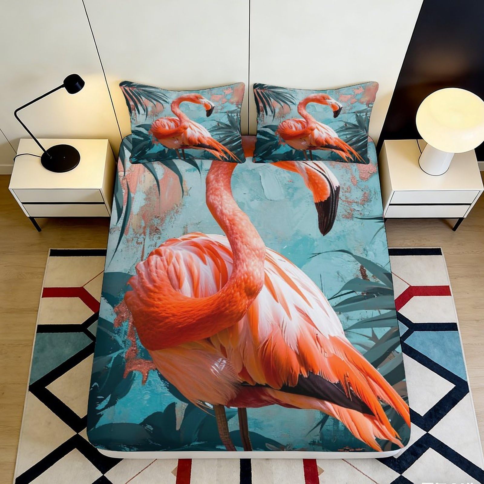 3D Printed Flamingo Pattern Fitted Sheet Microfiber Soft Breathable Tropical Bird Mattress Cover for Bedroom Dormitory Guest Room Protection Decor 120x200x25cm
