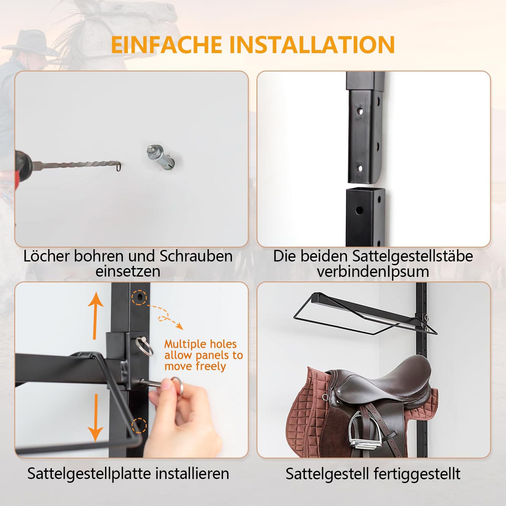 4-stufiger sattelhalter zur Wandmontage, Verstellbarer Sattelstorage für Pferde, bietet Platz für 4 Western- und Englischsättel, hängend, ideal für den Sattelraum oder die Lagerung,Schwarz