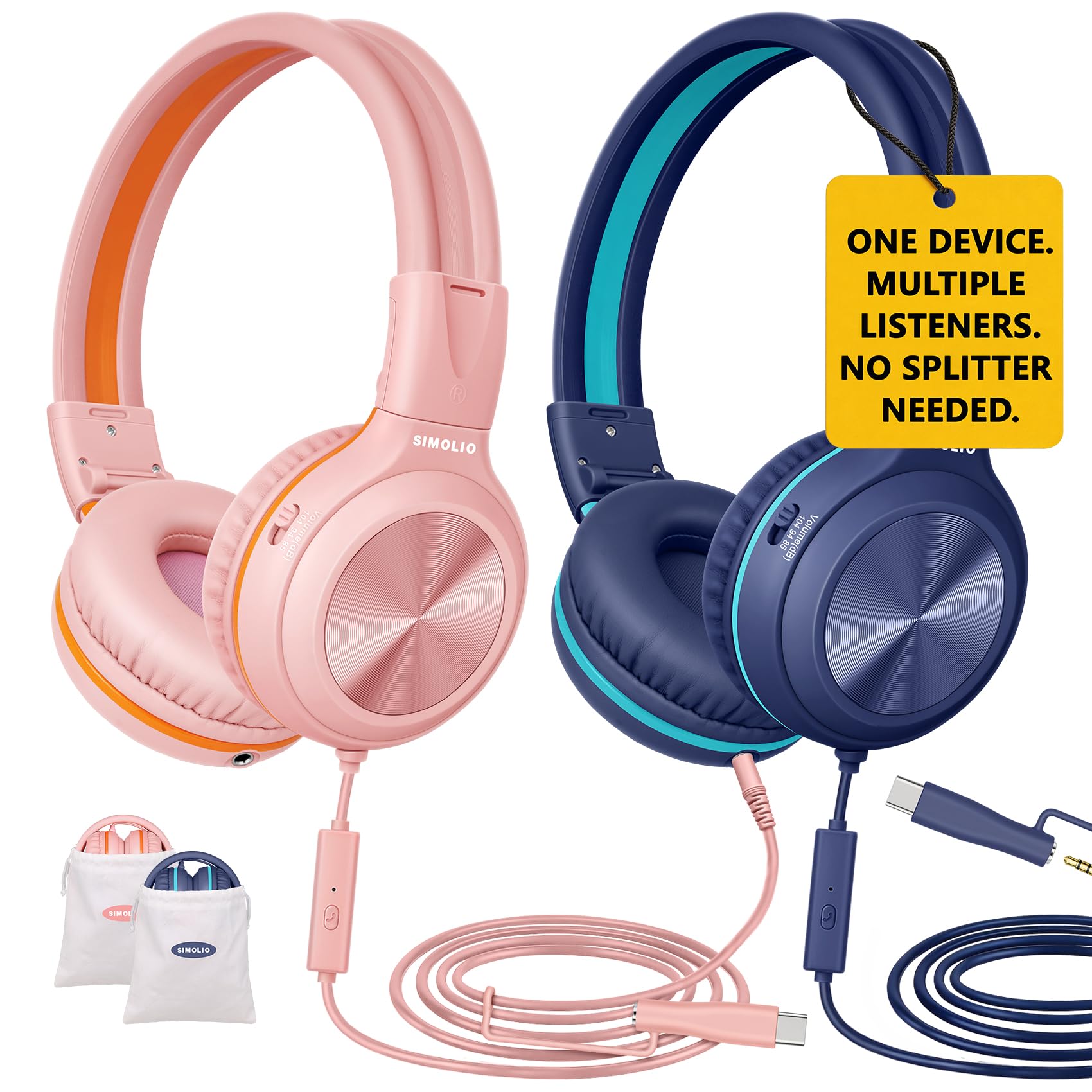 SIMOLIO Confezione da 2 cuffie cablate per bambini, da USB C a dongle da 3,5 mm, porta di condivisione, cuffie pieghevoli per adolescenti, ragazze, ragazzi, limitatore di volume a 3 livelli con