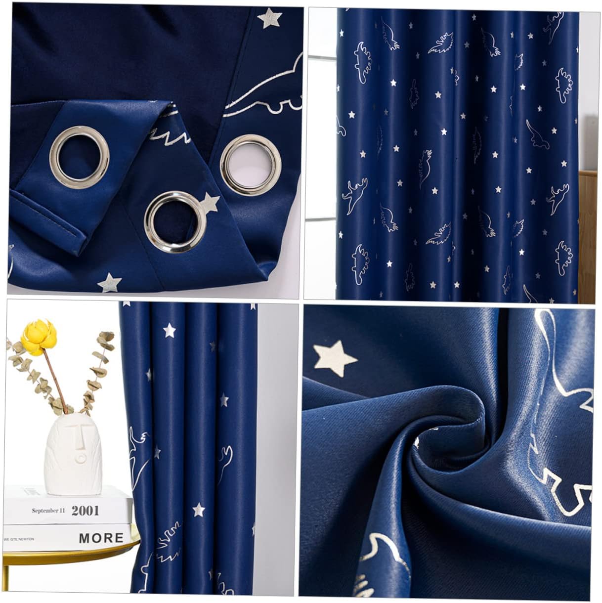1 Pair Adorable Dinosaur Printed Curtains Creative Shading Drapes for Boys Nursery Star Pattern Window Treatment Navy Blue Design