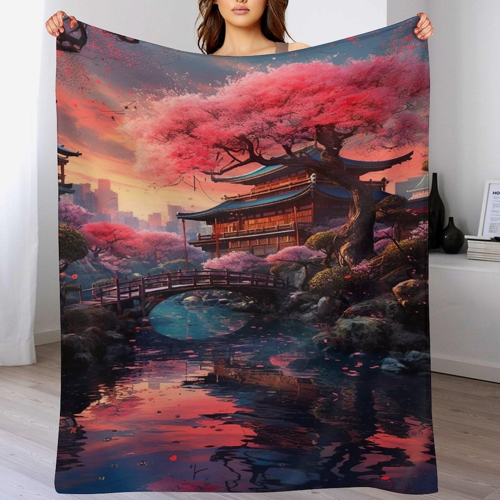 Couverture canapé cerisier japonais en flanelle épaisse chaude et moelleuse