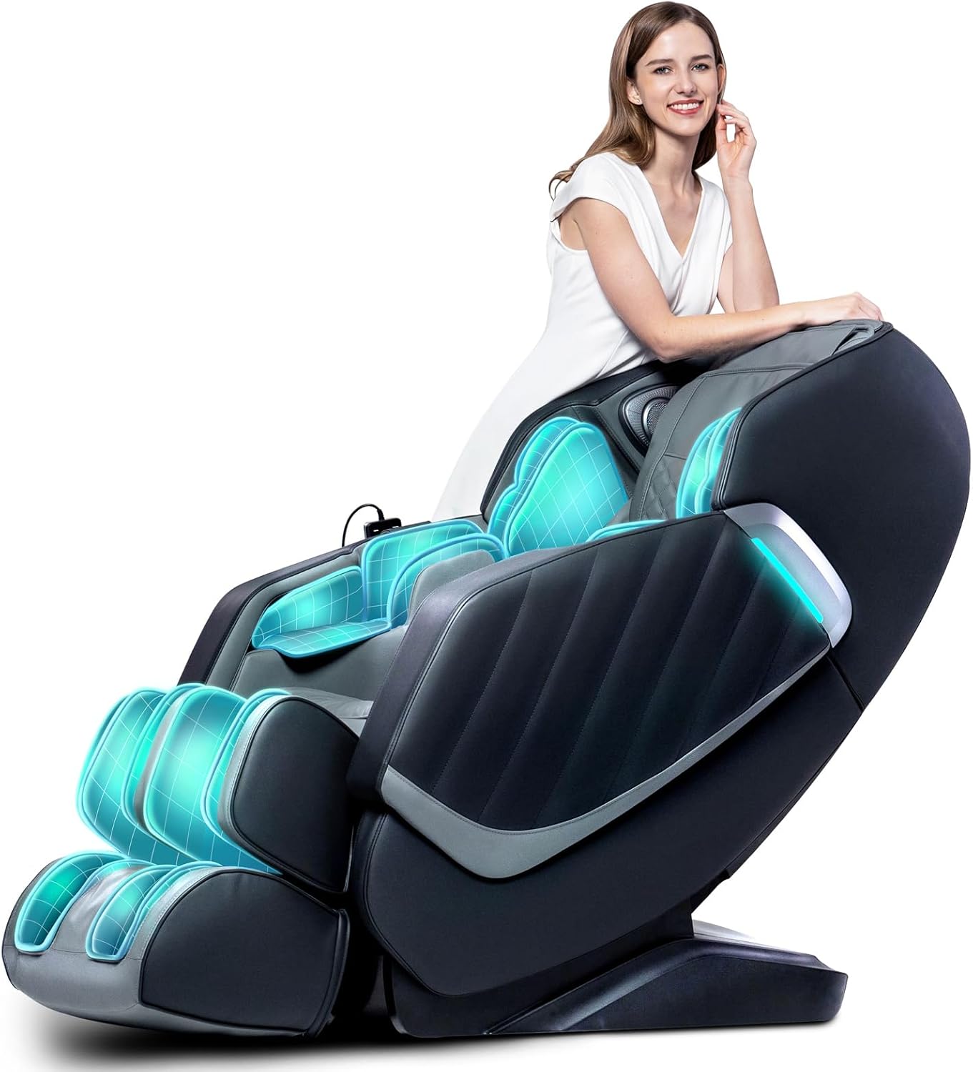 HealthRelife Fauteuil Massage Corps Entier Mains Robotiques 3D Zéro Gravité Rail SL Bluetooth Noir