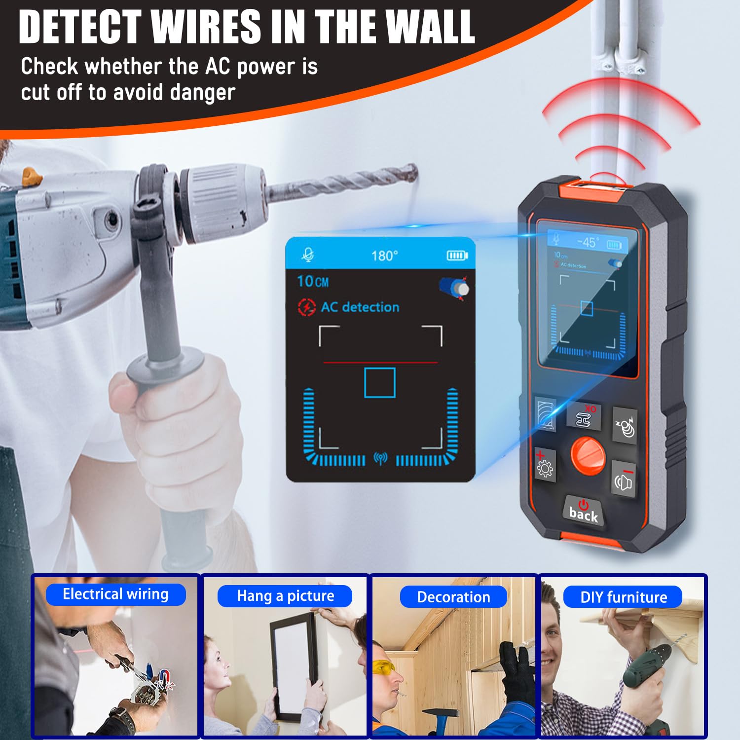 NF-513 Professioneller Leitungssucher Ortungsgerät, Multifunktionaler Wand Scanner Detektor für Holz, Metalle, Nichteisenmetalle, Kabel, mit Akustischer und Visueller Anzeige