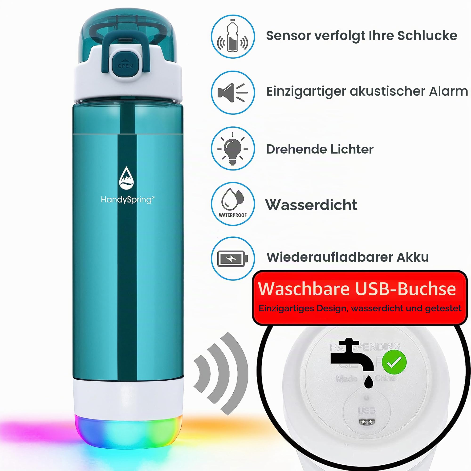 Intelligente Wasserflasche mit Erinnerung, Wasser zu trinken – Lichter und Sound Hydrate Glow Flasche 750 ml, intelligente Trinkerinnerung, motivierende Wasserflasche (grün)