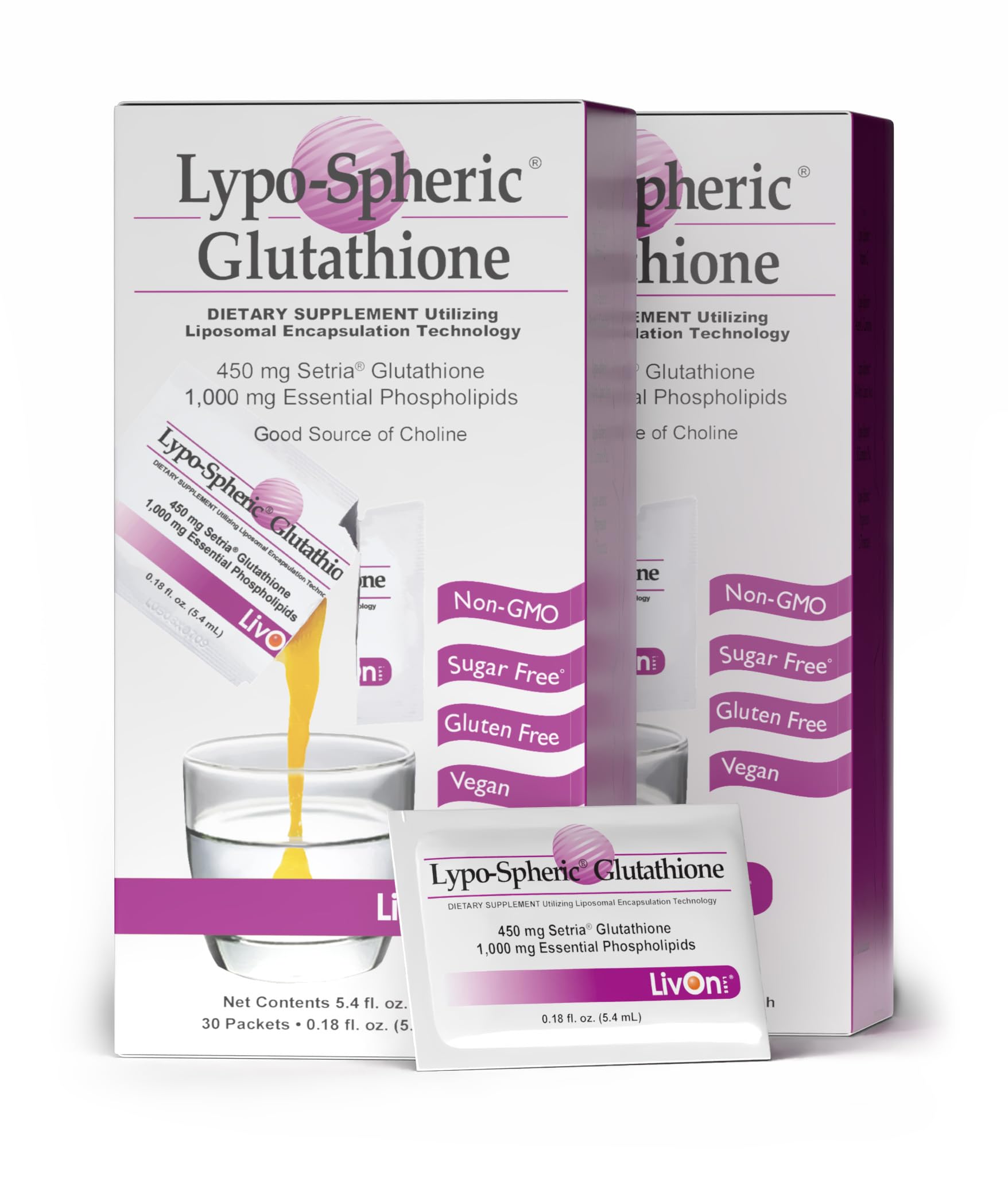 Lypo–Spheric Glutathione - 2 Cartons (60 Packets) – 450 mg Glutathione Per Packet – Liposome Encapsulated for Improved Absorption– Professionally Formulated, 100% Non–GMO