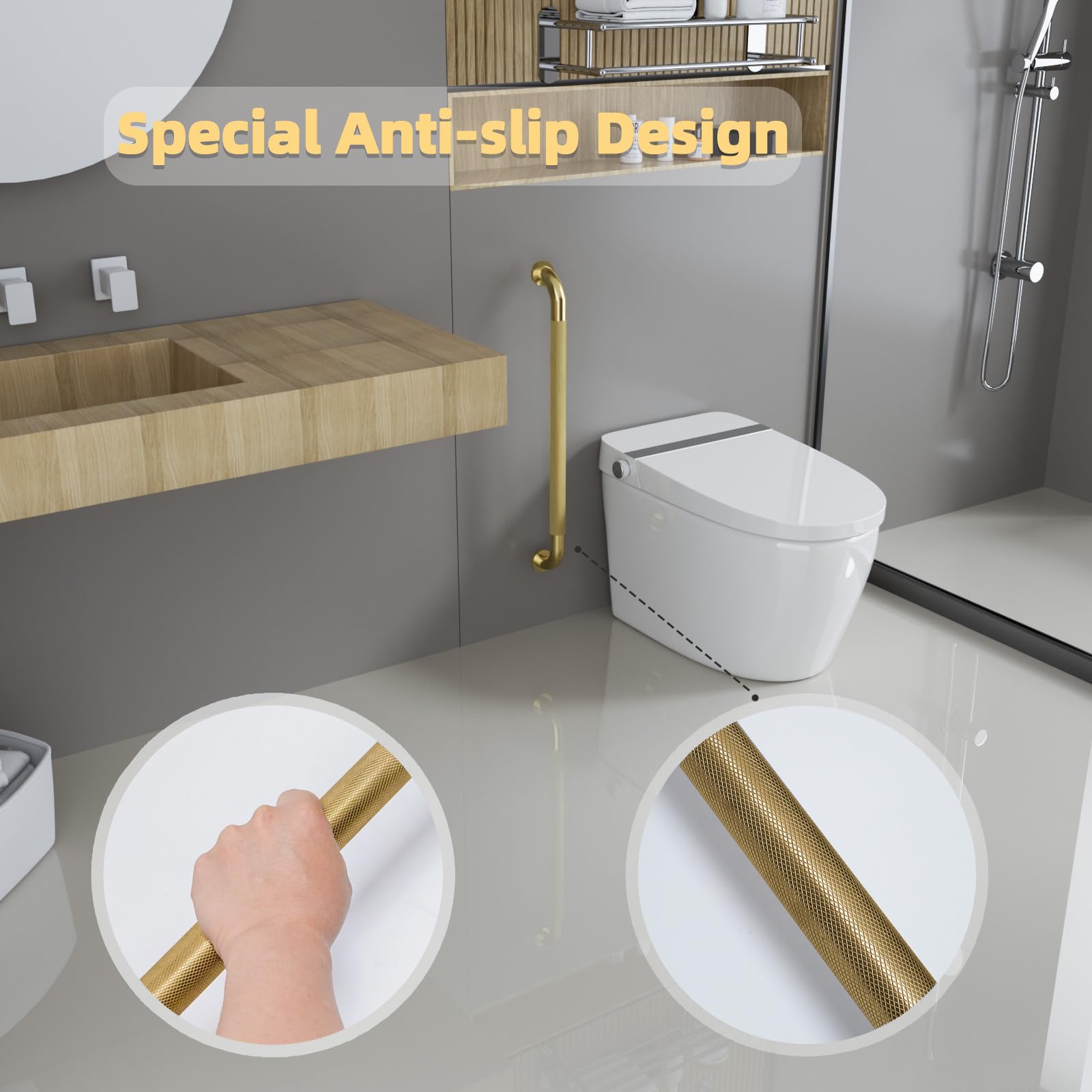 Confezione da 2 maniglie per doccia, color oro spazzolato, 81 cm, con impugnatura zigrinata antiscivolo, barra di equilibrio in acciaio inox, diametro 3,2 cm, barra di sicurezza per vasca da bagno