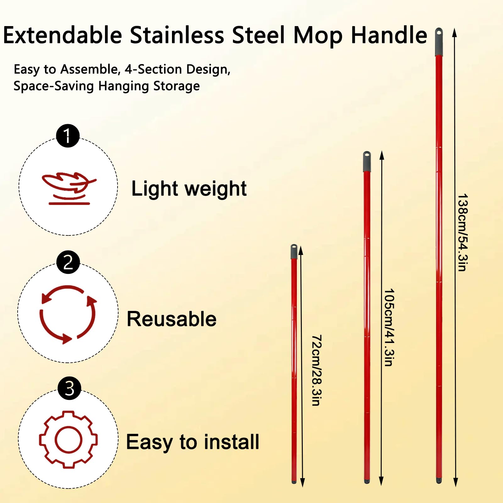 Mango de Repuesto Compatible con Vileda Turbo Mopas,72/105/138cm EasyWring Palo Fregona Recambios,4 Secciones Poste de Fregona Ajustable, para Mop Accesorios