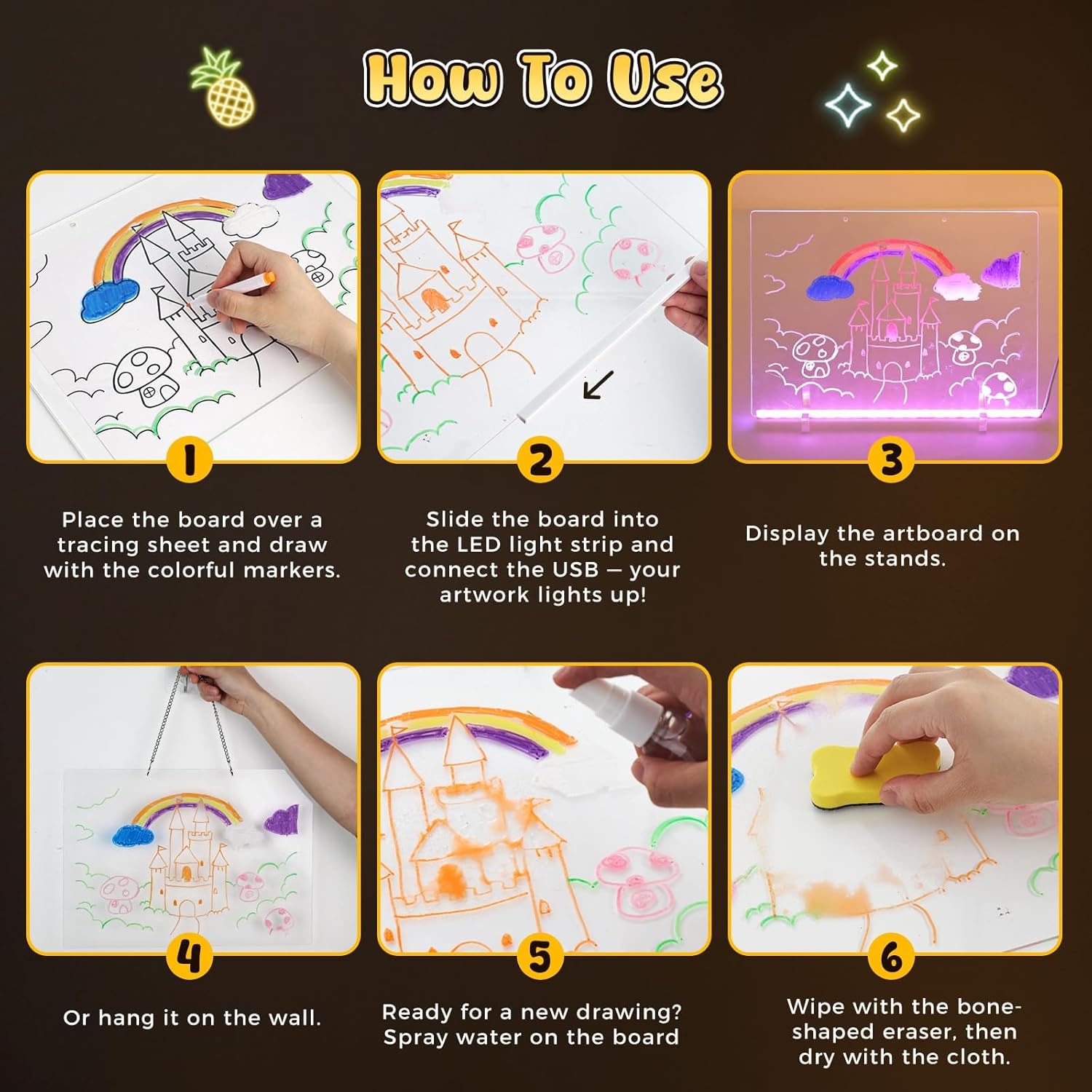 LED Drawing Board for Kids - 15.8” x 11.9”Inch, rasable Acrylic Doodle Pad,Chalkboards,with 7 Fluorescent Markers,Stand,4 Modes & 7 RGB Colors - Creative Fun & Christmas Gift for Grandkids