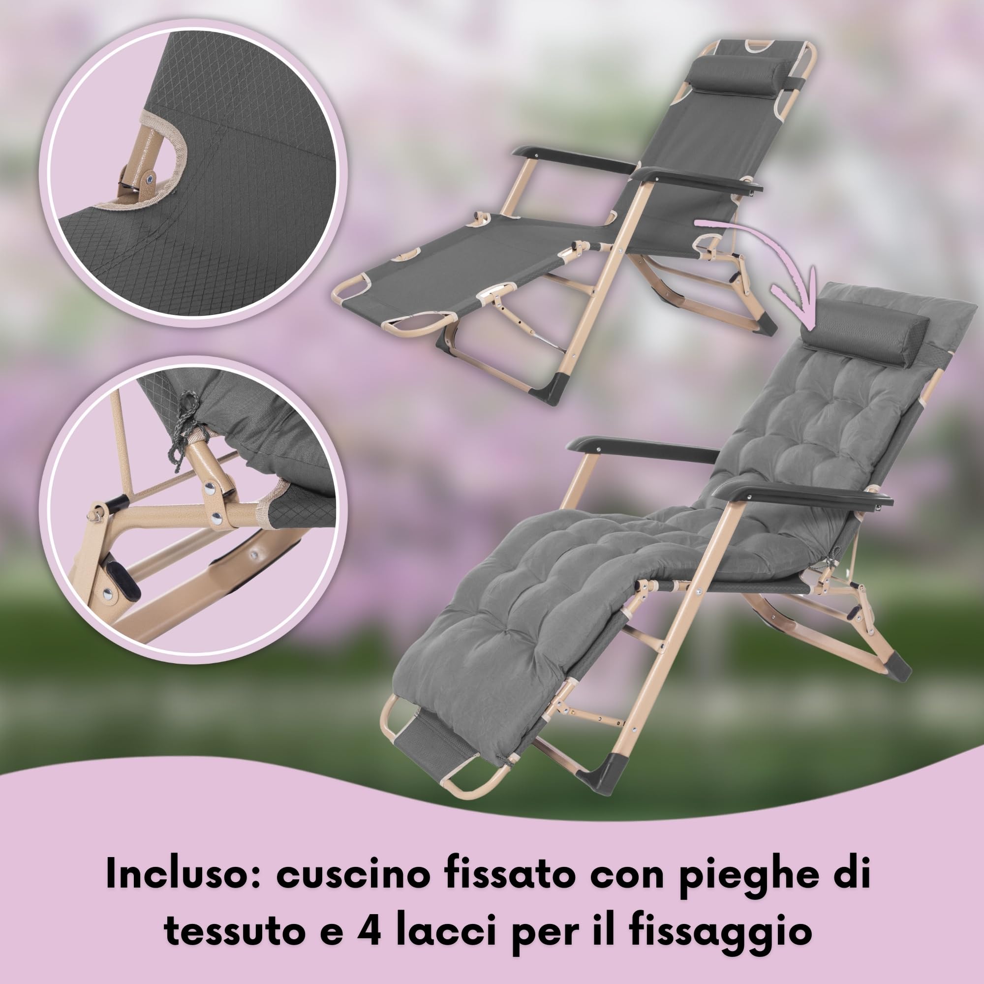 SPRINGOS Lettino da giardino pieghevole con poggiatesta e poggiapiedi, resistente alle intemperie, per giardino, balcone e terrazza, sedia a sdraio regolabile con cuscino e braccioli, 66 x 137 x 92 cm