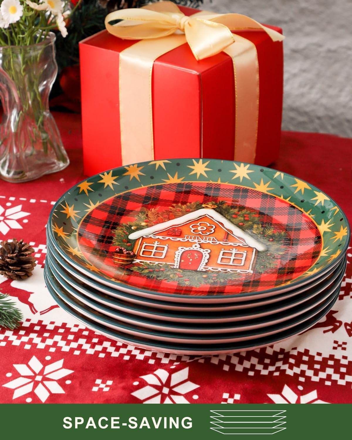 HASENSE Dinner Plates, 10.5 Inches Serving Dishes for Salad, Pasta, Steak, Dessert, Party, Kitchen, Ceramic Holiday Plate Set of 6, Microwave and Dishwasher Safe, Red - Image 6