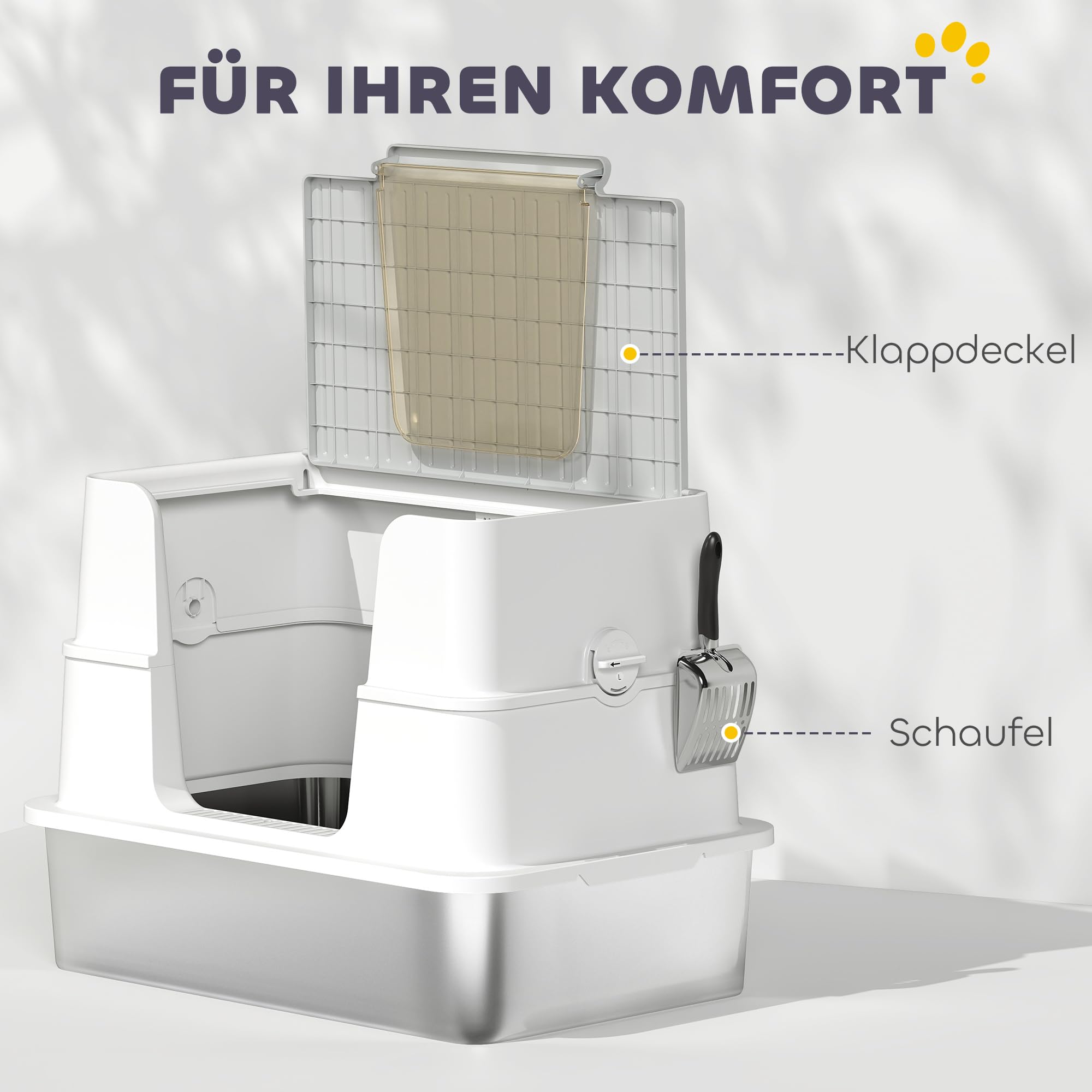 PawHut Katzenklo XL 60,2 x 40,2 x 44,5 cm mit Deckel Schaufel Hellgrau | Katzentoilette, Pedal, Edelstahl, Leicht zu Reinigen, Geruchsresistent, für Große Katzen bis zu 15 kg