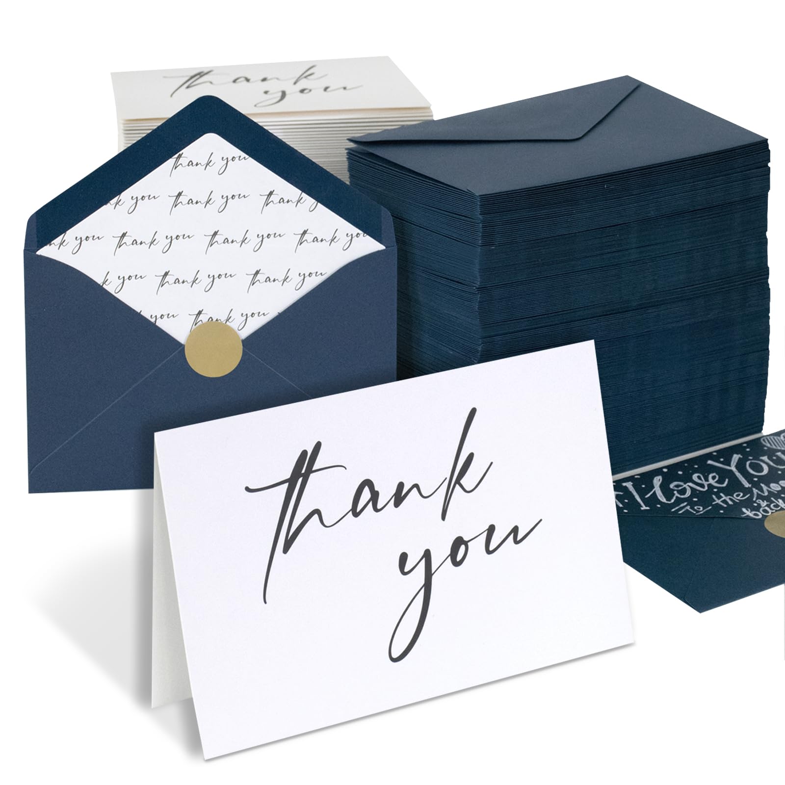 AZAZA 100 Bulk Thank You Cards with Envelopes 4x6, Navy Blue Thank You Cards 4 Minimalistic Designs, Funeral Thank You Cards with Envelopes, Blue