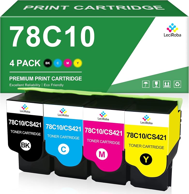 LeciRoba Compatible 78C10 CS421 Toner Cartridge Replacement Set for Lexmark | 78C10 78C10K0 78C10C0 78C10M0 78C10Y0 4-Pack for Lexmark CS421 CS521 CX421 CX522 CX622 CX625 CX522ade CX622ade CX625ade Toner