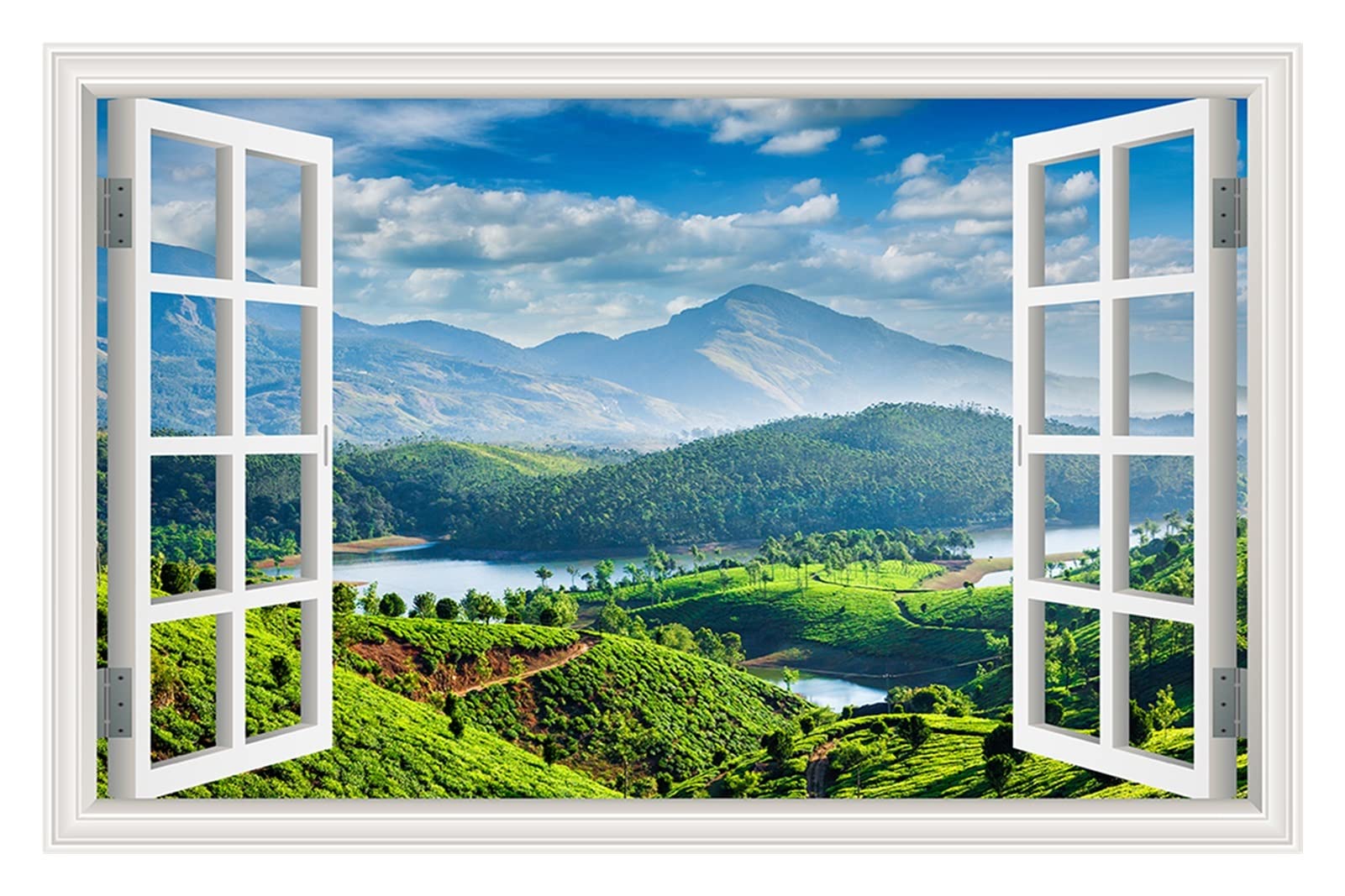 JUGGO Scenery 3D Fake Window Decorative Decals, 3D Fake Window View Sticker Room Decor Aesthetic Wall Decor Green Grassland Mountain Nature Landscape Vinyl Decal Wallpaper