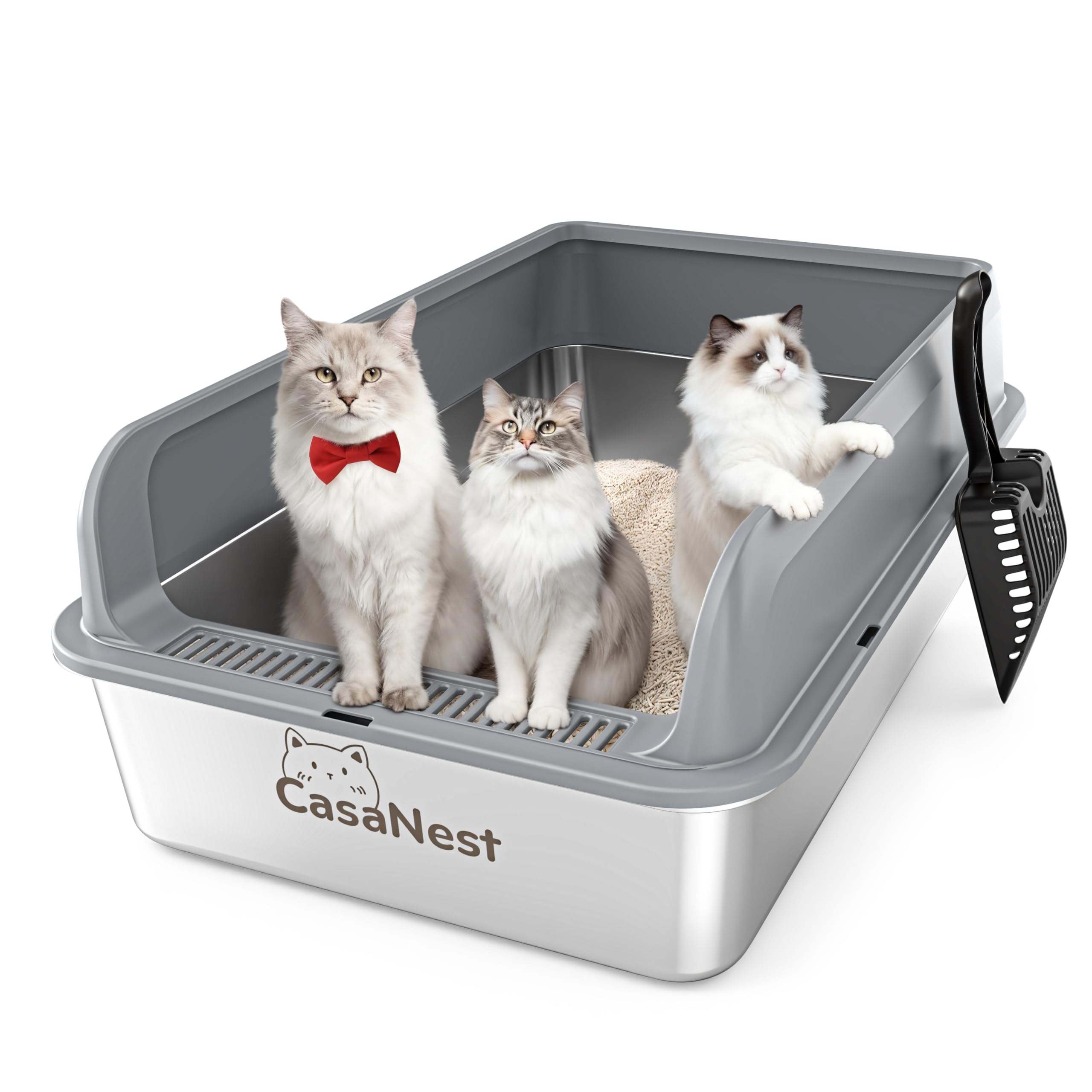 CasaNest XXXL stainless steel cat litter box with large metal litter pan and low entry