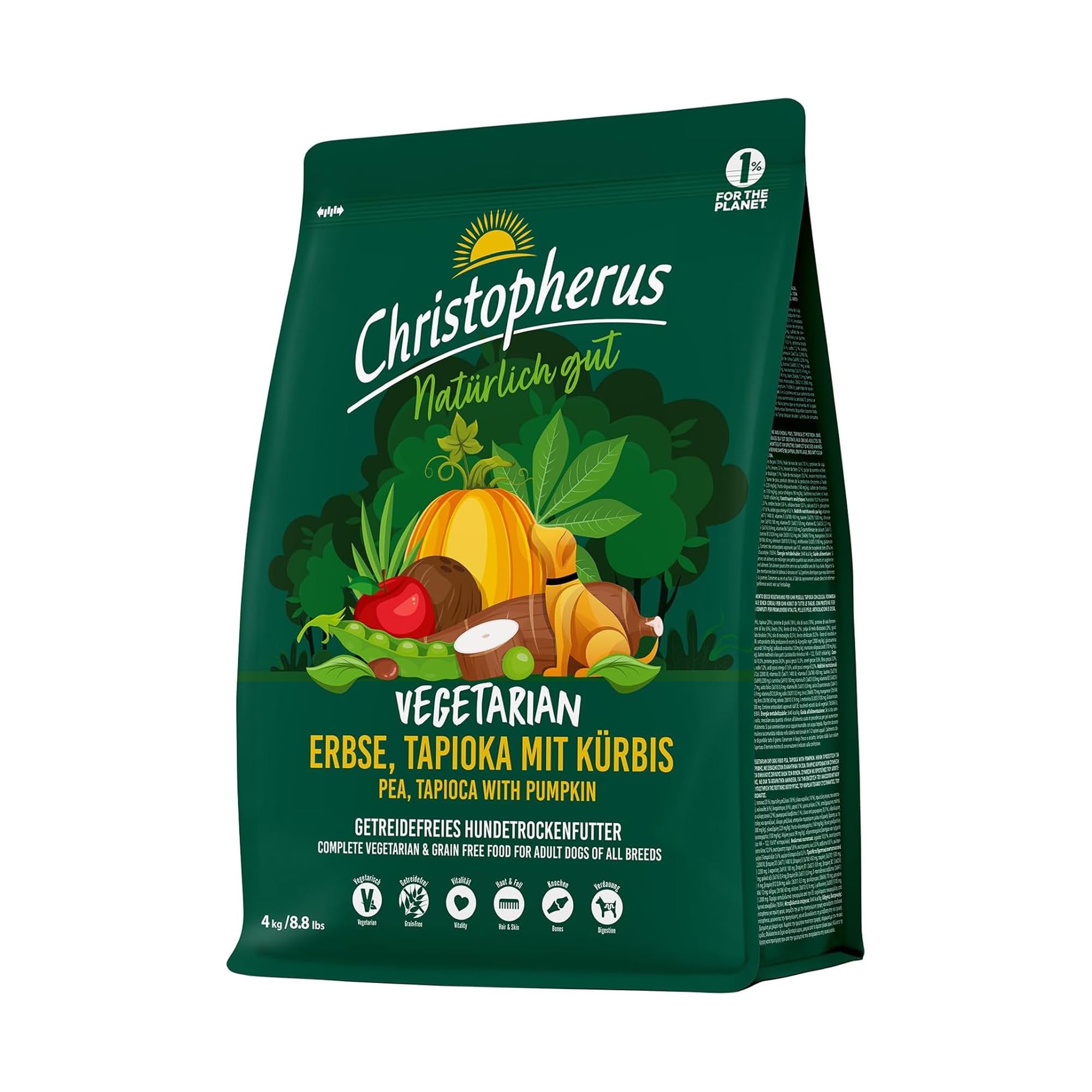 Christopherus Vegetarisches Trockenfutter für ausgewachsene Hunde Aller Rassen, Alleinfutter für Hunde, Erbse, Tapioka und Kürbis, 4 kg