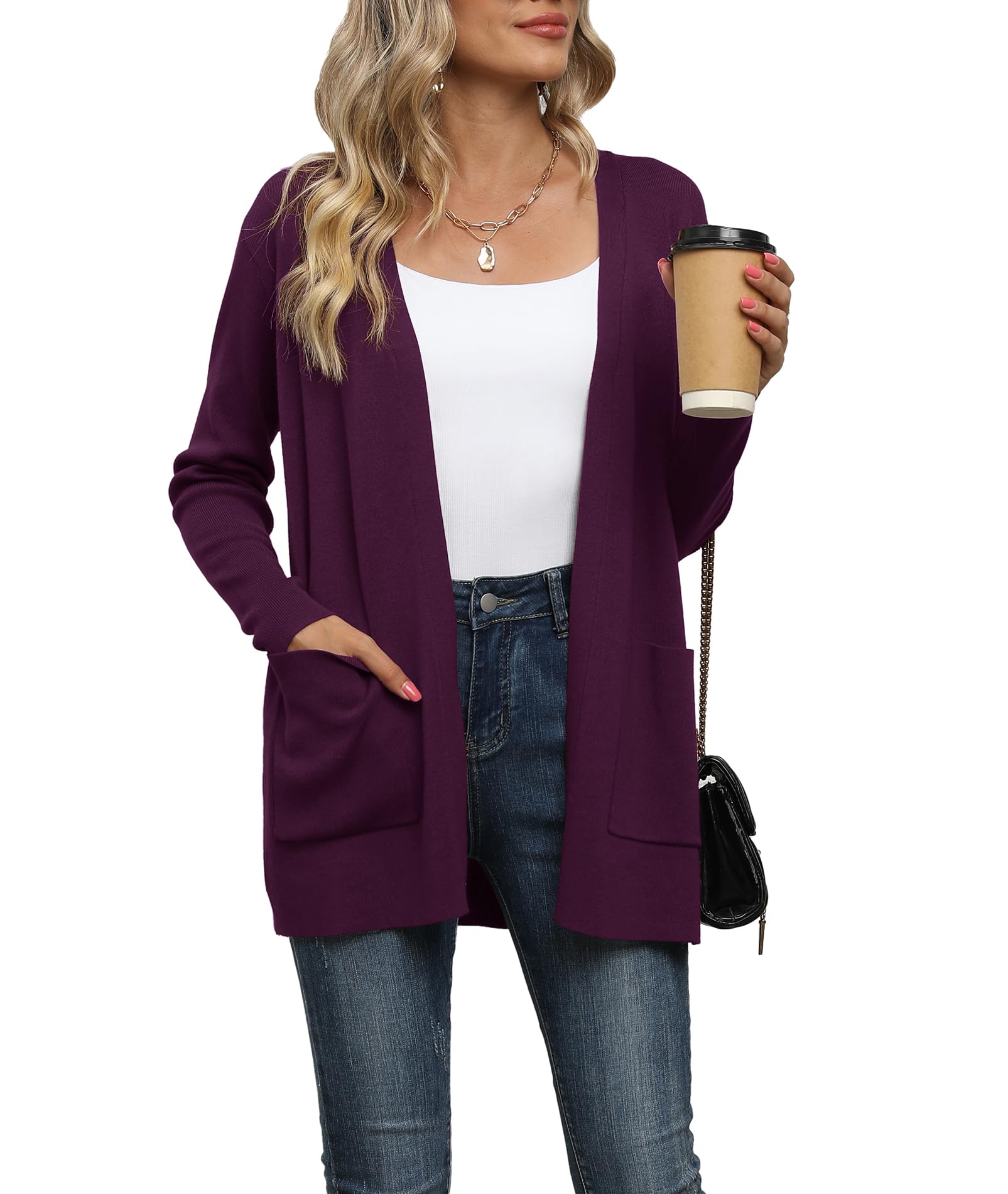 LILBETTER Womens Casual Lightweight Long Sleeve Open Front Cardigan Sweaters with Pockets