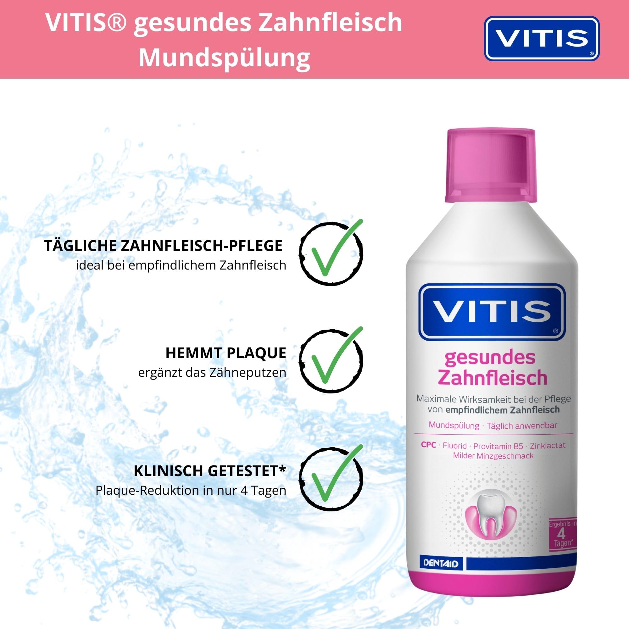 VITIS Kit de cuidado dental saludable para las encías – pasta de dientes y enjuague bucal + cepillo de dientes gingival – para el cuidado bucal diario