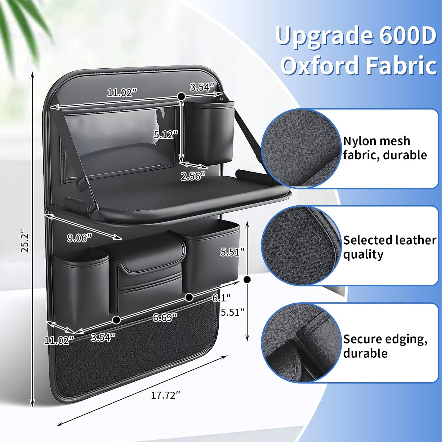 Car Seat Back Organizer with Foldable Tray, Car Seat Back Protector, Premium Leather Kick Mats, Multiple Storage Pockets, Travel Accessories for SUV Truck (Long)