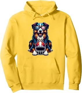 Australian Shepherd Dog Football American Flag Sunglasses Pullover Hoodie