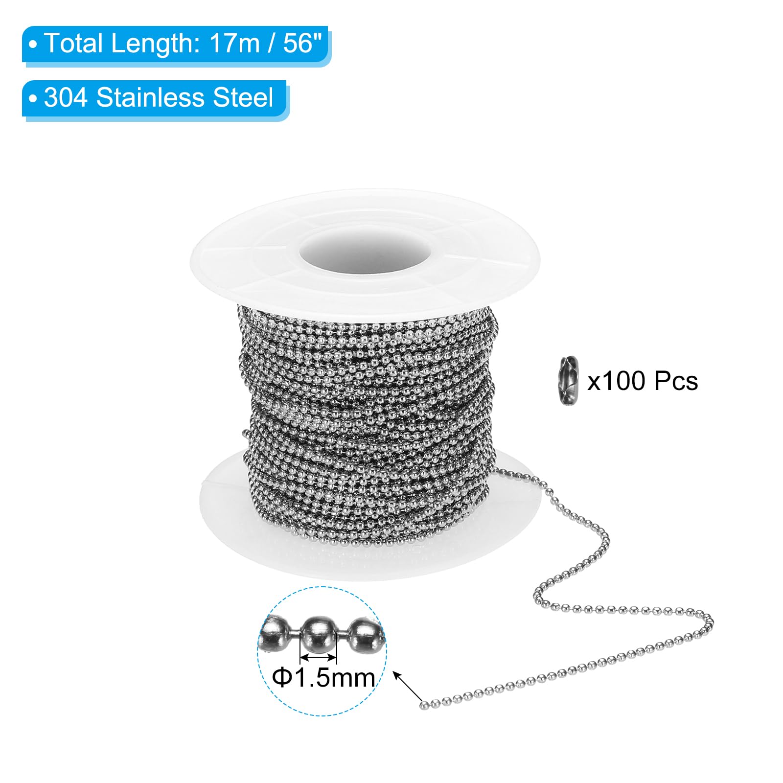 PATIKIL 1.5mm x 56ft 304 Stainless Steel Ball Chain - Image 2