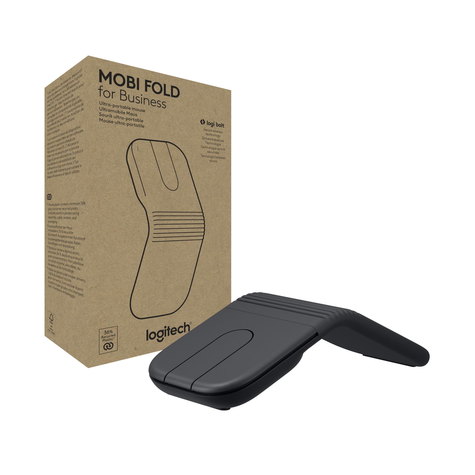Logitech Mobi Fold for Business, Faltbare kabellose Maus mit Touch-Scroll, leisen Klicks, 4K DPI, Logi Bolt Empfänger, Bluetooth, Fast Pair, Works with Chromebook, PC, Mac - Graphit