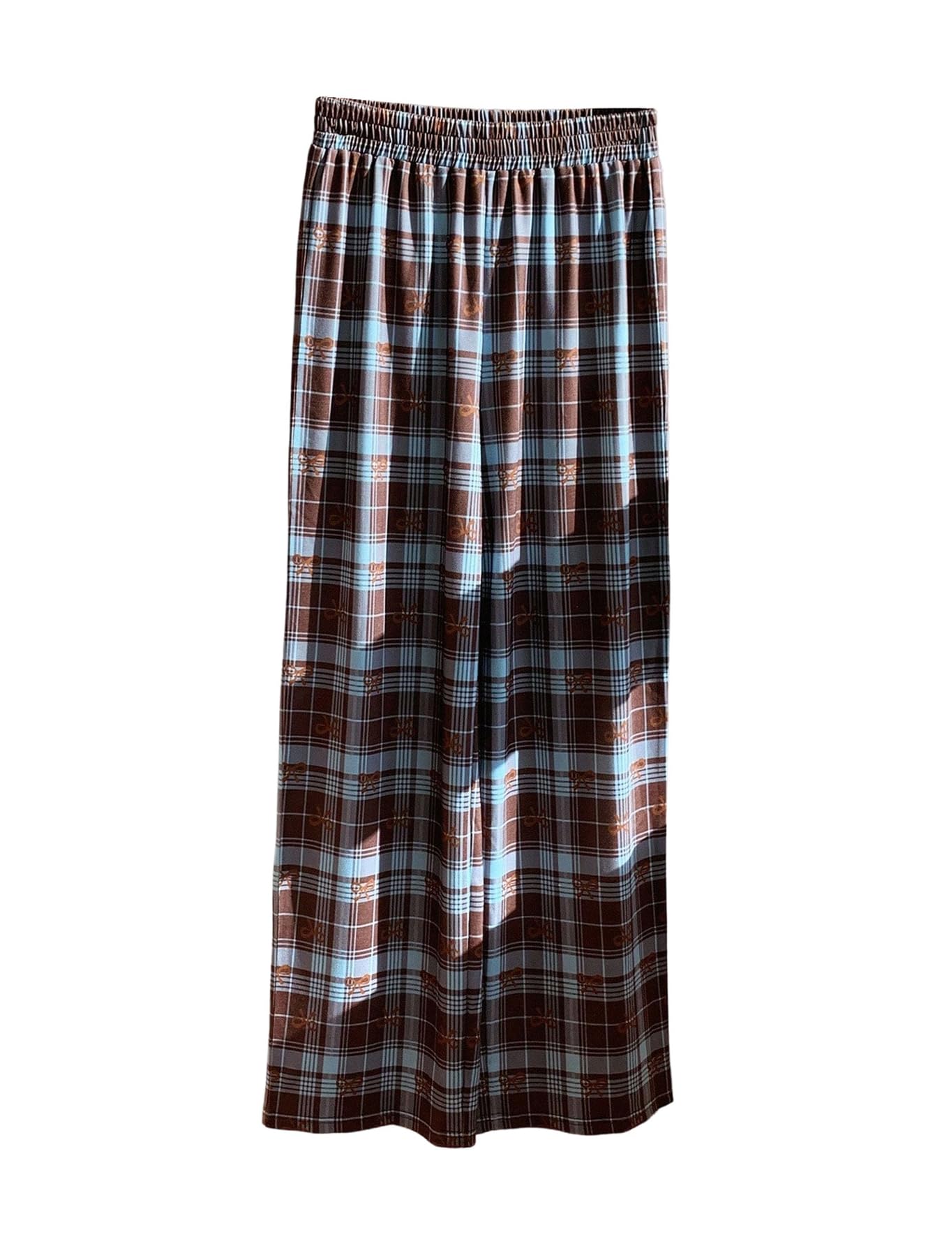SweatyRocks Womens Bow Plaid Print Elastic High Waisted Straight Leg Pants Loose Trousers