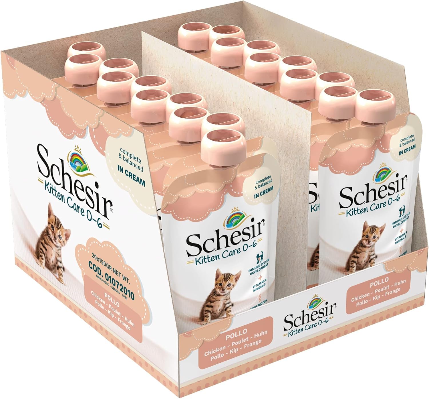 Schesir Cat Kitten Cream Kurczak – mokra karma dla młodych kotów – kremowa karma dla kur dla kotów mokra bez zbóż, z dużą ilością białka, witamin i minerałów (20 x 150 g woreczka)