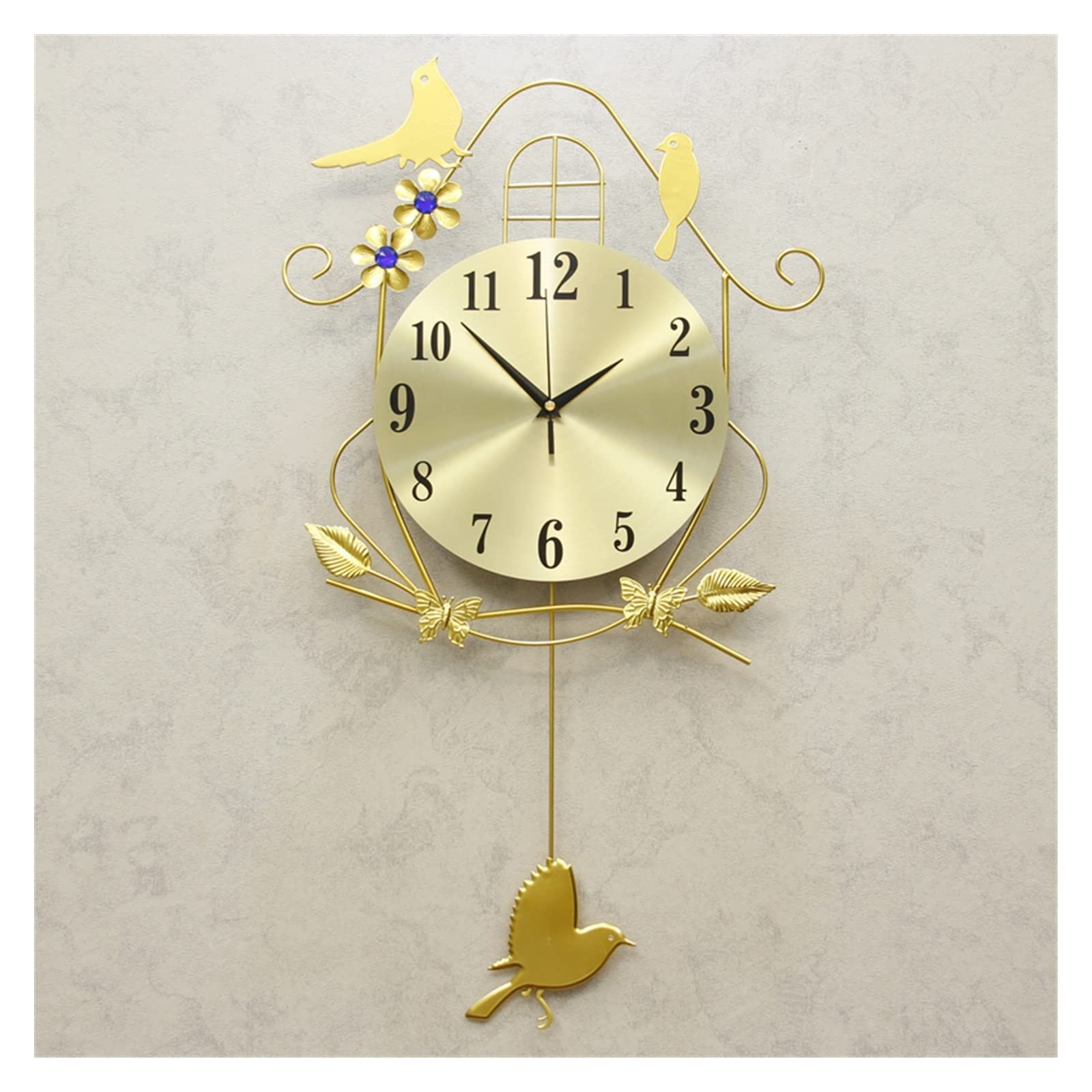 Horloge murale silencieuse moderne avec balancier et oiseau doré décoratif