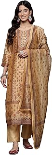 Varanga Women Mustard Floral Printed Yoke Embroidered Straight Kurta Paired with Bottom &amp; Dupatta