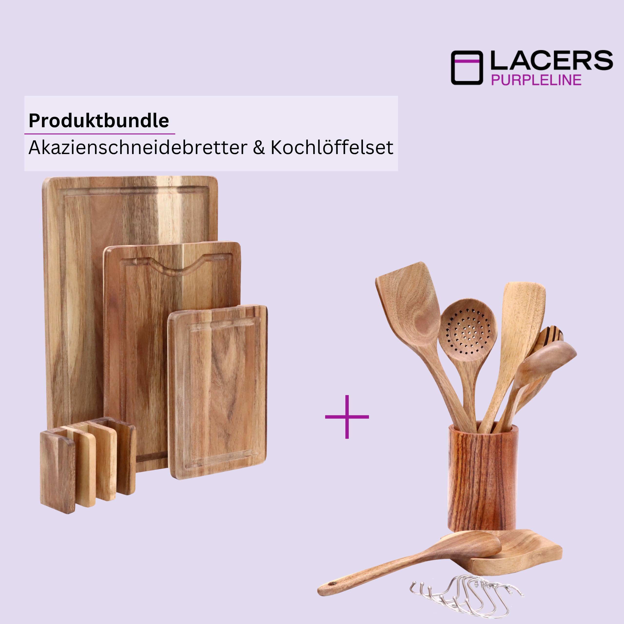 Lacers PurpleLine - Bundle - Holzschneidebrett 4-teilig mit Saftrille & rutschfesten Füßen/Kochlöffelset 14-teilig aus Akazienholz - Vielseitiger und nachhaltiger Küchenhelfer für die Küche