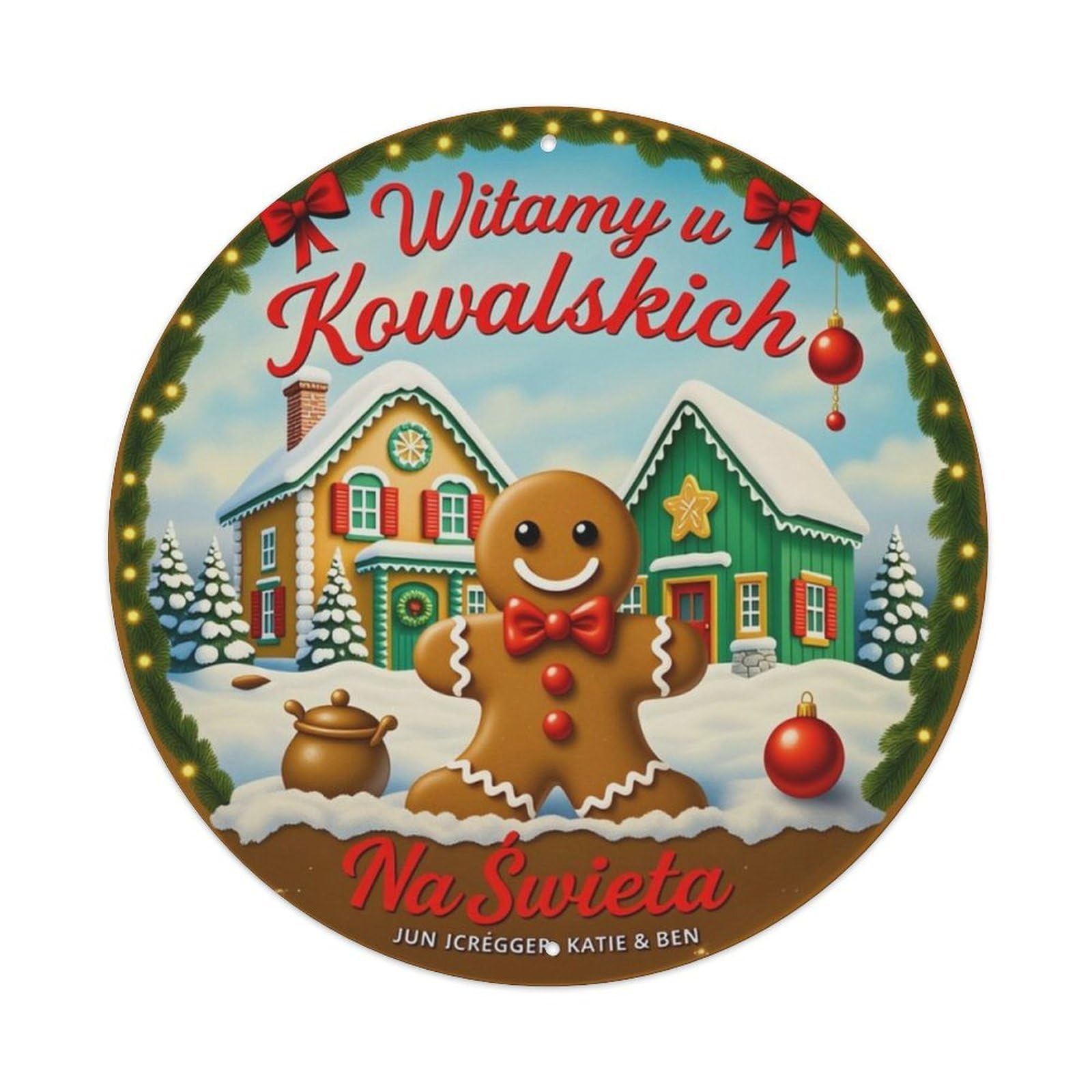 Polish Gingerbread Man Christmas Welcome Home Round Tin Sign Vintage Aluminium Metal Sign, Retro Wall Decor for Home, Bar, Garage & Farmhouse 20x20cm