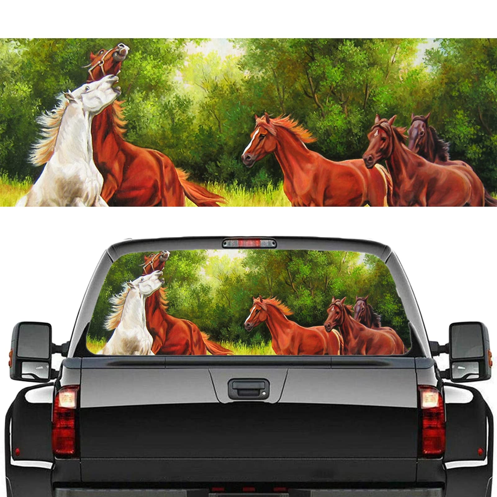 Adesivo per finestrino posteriore, per auto, camion, furgoni, cavalli, finestre, in vinile, perforato, per auto, SUV, furgoni, furgoni, foreste, 147,3 x 45,7 cm