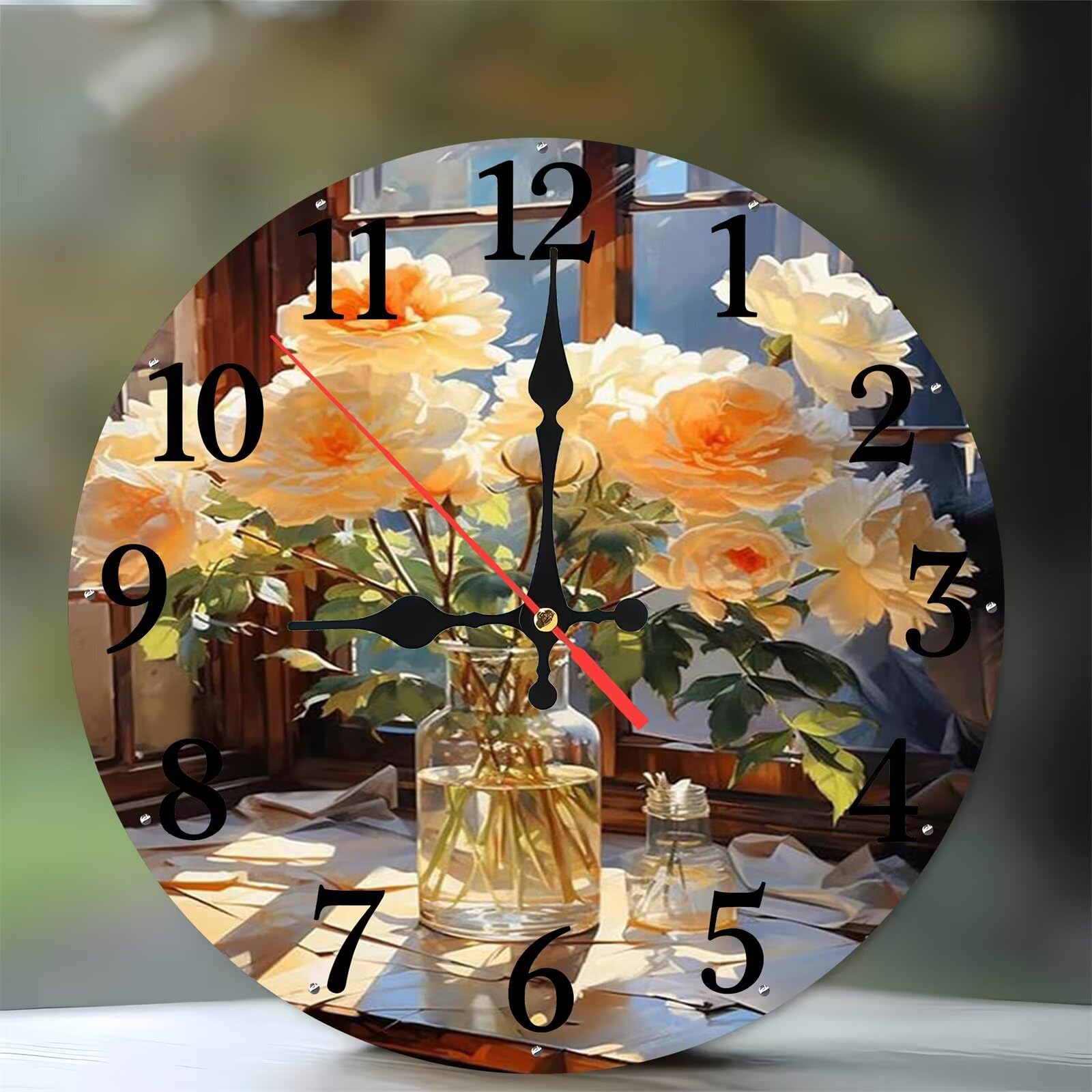 Horloge murale en bois de 35 cm motif pivoines fleurie et silencieuse