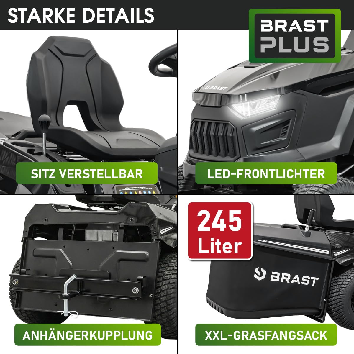 BRAST Benzin Rasentraktor Aufsitzmäher | 9,2 kW (12,5 PS) | Elektrostart | XXL Schnittbreite 98cm | 2in1-Funktion | 7-Gang-Getriebe | 245L Fangkorb | für große Rasenflächen 1.000-5.000 m²